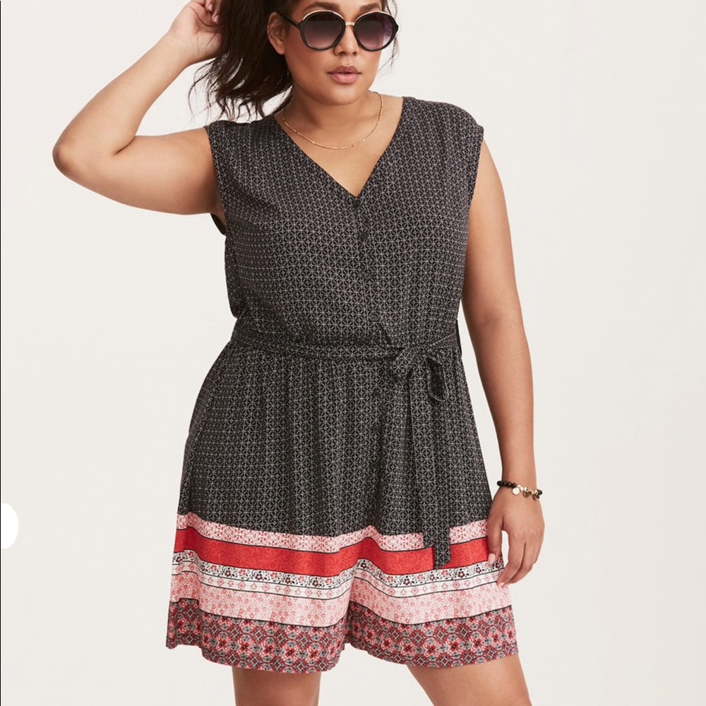 Border Print Challis Button Front Romper